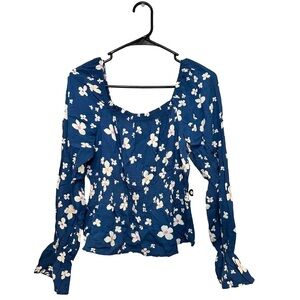 SO Navy Blue Long Sleeve Blouse with White Floral Pattern and Smocked Waist